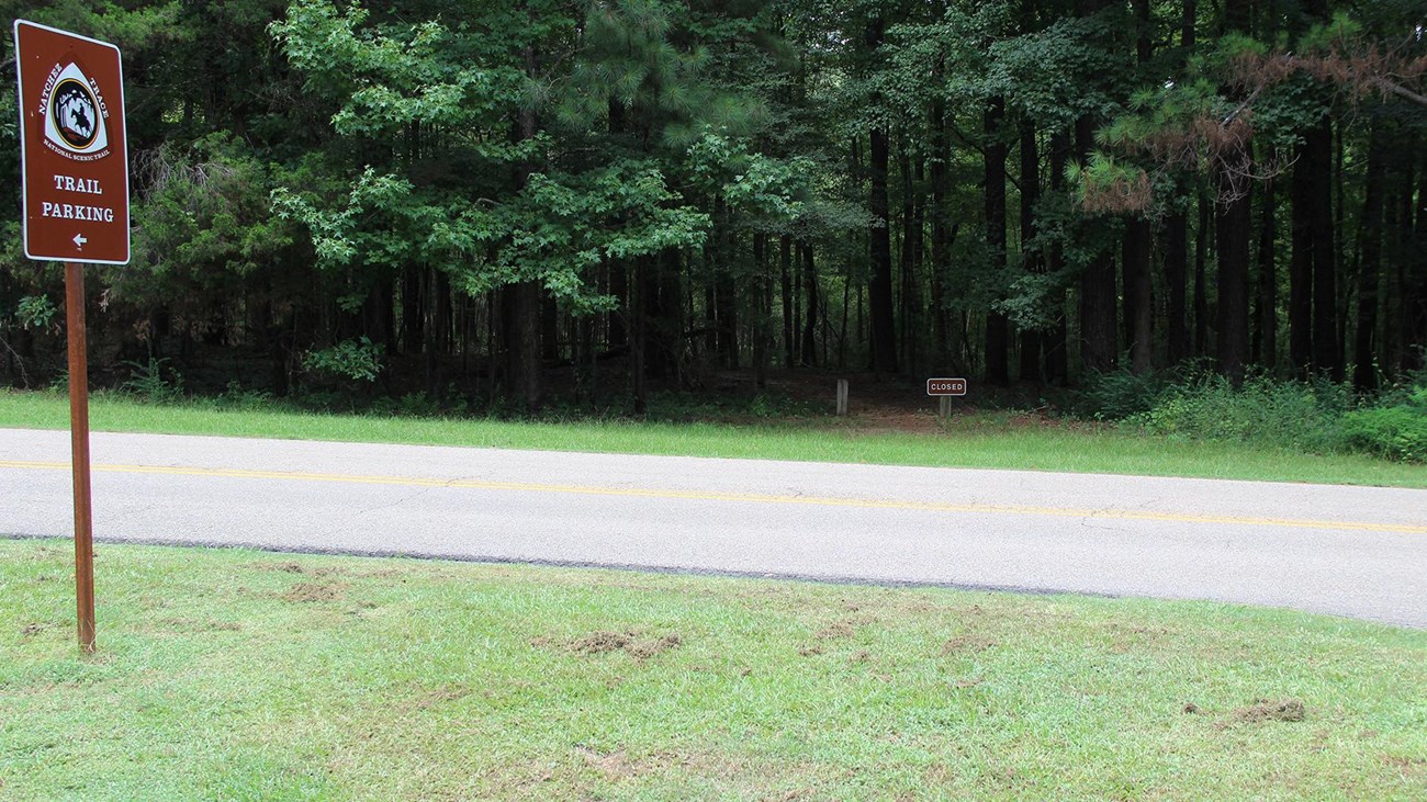 A road with a Scenic Trail sign on one side and a Closed sign on the other. 